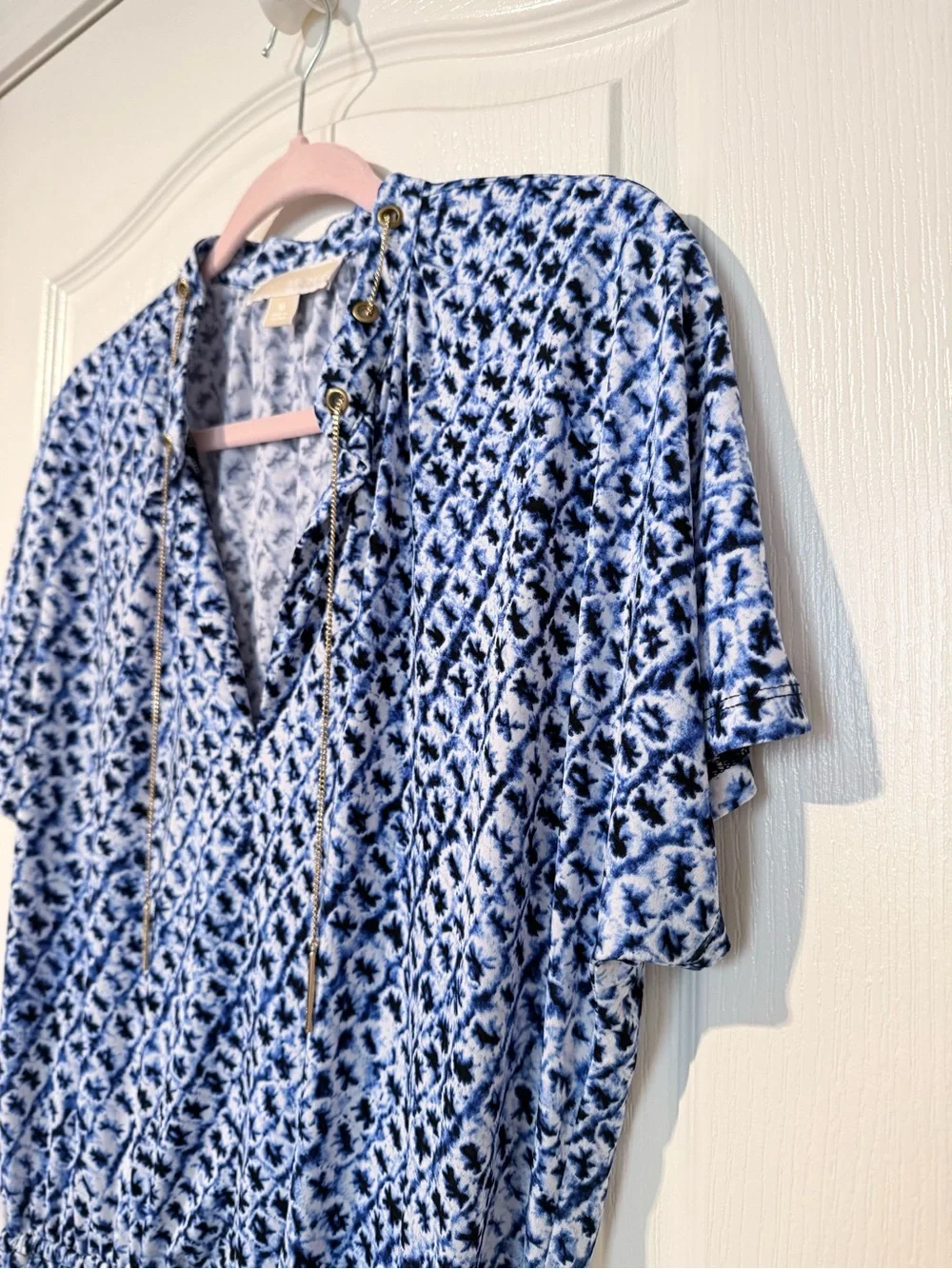 Michael Kors Blue and Navy Patterned Short-Sleeve Peplum Dress